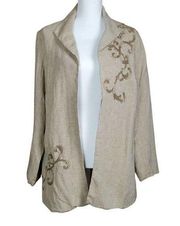 Coldwater Creek Jacket Size 14 Linen Tan Embroidered Open Front Lagenlook