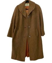 Vintage 1960’s Boucle Knit Brown Trench Coat Rhinestone Buttons Dressy Long Coat