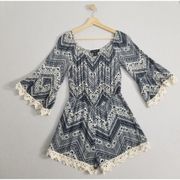 See You Monday Romper Women Medium Blue Shorts Boho 3/4 Bell Sleeves Crochet