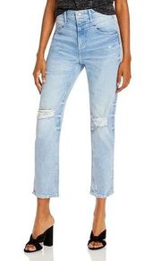 Yoke Detail Distressed Straight Leg Jeans in Light Wash