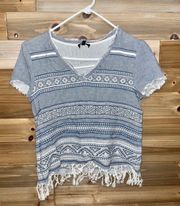 Blue Pattern Fringe Top