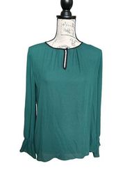 New Primark Long Sleeve Chiffon Blouse Green w/ Black Trim Keyhole US 6 NWT