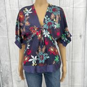 Y2K Yumi Kim 100% SILK Navy Blue Floral Top Blouse Shirt Women's Size SMALL