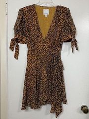 C/MEO COLLECTIVE yellow gold leopard print vneck side tie mini dress medium