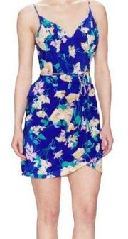 Yumi Kim Jayne Silk Mini Dress Floral Print Faux Wrap V Neck Blue Pink Womens S