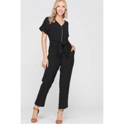 Polagram Jumpsuit Black Medium Short Sleeve Front Zipper V-Neck Tie