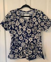 Navy Blue Floral Print V-Neck Women’s Scrub Top - Size Small