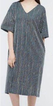 UNIQLO Marimekko tent dress oversized fit jersey green/white stripe pockets XXS