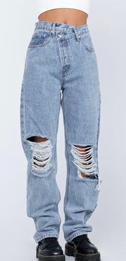 Princess Polly Holly Asymmetric Jeans Ripped Light Wash Denim