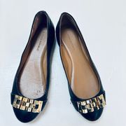 Black Leather Gold Buckle Ballet Flats 6.5