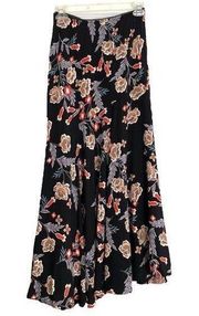 Black Floral Maxi Skirt Asymmetrical Tiered Ruffles