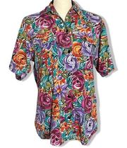 Hunt Club women's vintage bright floral short sleeve button-up blouse small