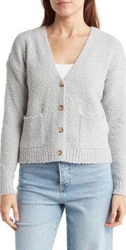 Teddy Yarn Button-Up Cardigan, Grey, Size Medium