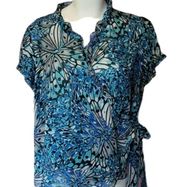 sheer blue butterfly wing side tie shirt 2X