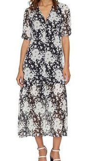 New  Floral Maxi Dress Short Sleeve V-Neck Button Front Black White