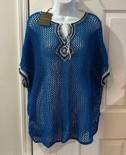 NWT Tommy Bahama Womens Linen Blend Crochet Beach Cover Top Blue Size XL