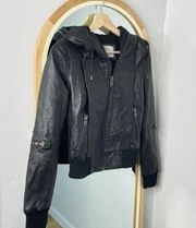 Q40 black crinkled leather hooded zip up jacket