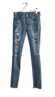 American Eagle  Light Wash Distressed 360 Super Stretch Skinny Jeans Size 0