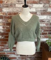 Green Knit Cropped  Balloon Sleeve  Sweater  Size XS