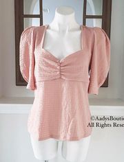 Andrew Marc Pink Puff Sleeve Ruched Sweetheart Neck Top Size L NWT