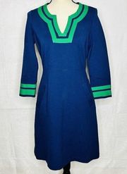 Lands End Womens Blue with Green Ribbon Trim Ponte Knit Dress Size 4P Petite