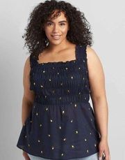 NWT Lane Bryant Navy Smocked Lemon Print Blouse Tank Top Size 20