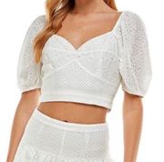 TCEC Eyelet Puff Sleeve Sweetheart Crop Top White Size Small NWT