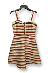 Miami Womens Fit & Flare Dress Brown Mini Stripe Spaghetti Strap  M