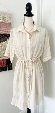 Lovestitch Pinstripe Drawstring Waist Shirt Dress Cream Size S NWT