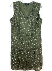 Kaari Blue Womens Large Dress Army Green Bird Print Mini Sleeveless V Neck