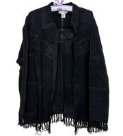 Vintage Sz 14 Black Suede Fringe Jacket Patchwork Dressbarn Cowgirl Boho