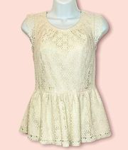 Last Chance! Cream Lace Blouse‎ Peplum Top Sleeveless Girly Floral Zipper White