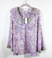 Julie brown purple printed beaded tunic cotton silk boho resort wear