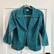 Paper Doll Womens Size 13 Double Button Blazer Teal Blue Baroque Jacquard Floral