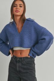 Cropped Collar V-Neck Sweater In Blue BRAND NEW