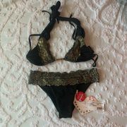 Women’s Small  Catch My Breath Black Gold Lace Sexy Bikini Set