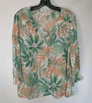 Cynthia Rowley Women's V-neck Cinched Sleeves Tropical Multicolor Blouse Size L