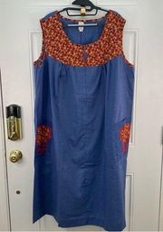 Lane Bryant Vintage Chambray Dress w/ Embroidery Pocket Details VTG Midi Long