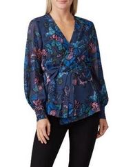 Jay Godfrey Edie Top Blue Butterfly Pattern Faux Wrap