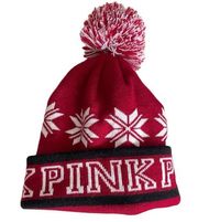 Victoria's Secret PINK Beanie Pom-Pom Snowflake Plush Lined Red One Size