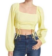 Long Sleeve Ruched/Smock Crop Top Lemon Yellow Size Small NWOT