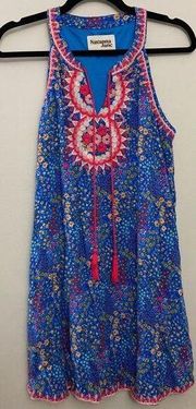 Savannah Jane Small Shop Vibrant Blue Floral Summery Shift Dress w/ Embroidery L