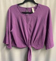 Peppermint Cropped Top Womens Medium Purple Long Sleeve Knot Front Preppy B76