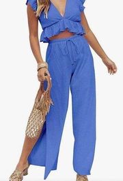 Women’s matching set Blue crop top blouse with side slit pants XS NWT #84