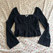 Navy Blue Bell Sleeve Ruched Square Neck Crop Blouse Size XL