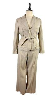 Larry Levine Women’s Pant Suit Belted Blazer Classic Trouser Tan Plaid Size 16