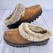 Sketchers Brown Nubuck Faux Fur Slip On Rubber Sole Mules Size 7.5