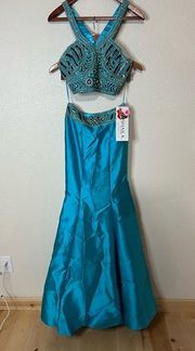 Shail K 4039 turquoise beaded satin halter mermaid two piece prom NEW 2