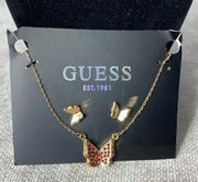 Guess Butterfly Red Rhinestone Gold Tone Earring And Necklace Set