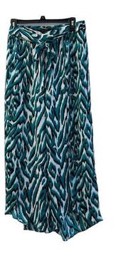 AVA & AIDEN  Self-Tie Pants Size Small Teal Zebra Ikat Slit Hem Flare Leg New